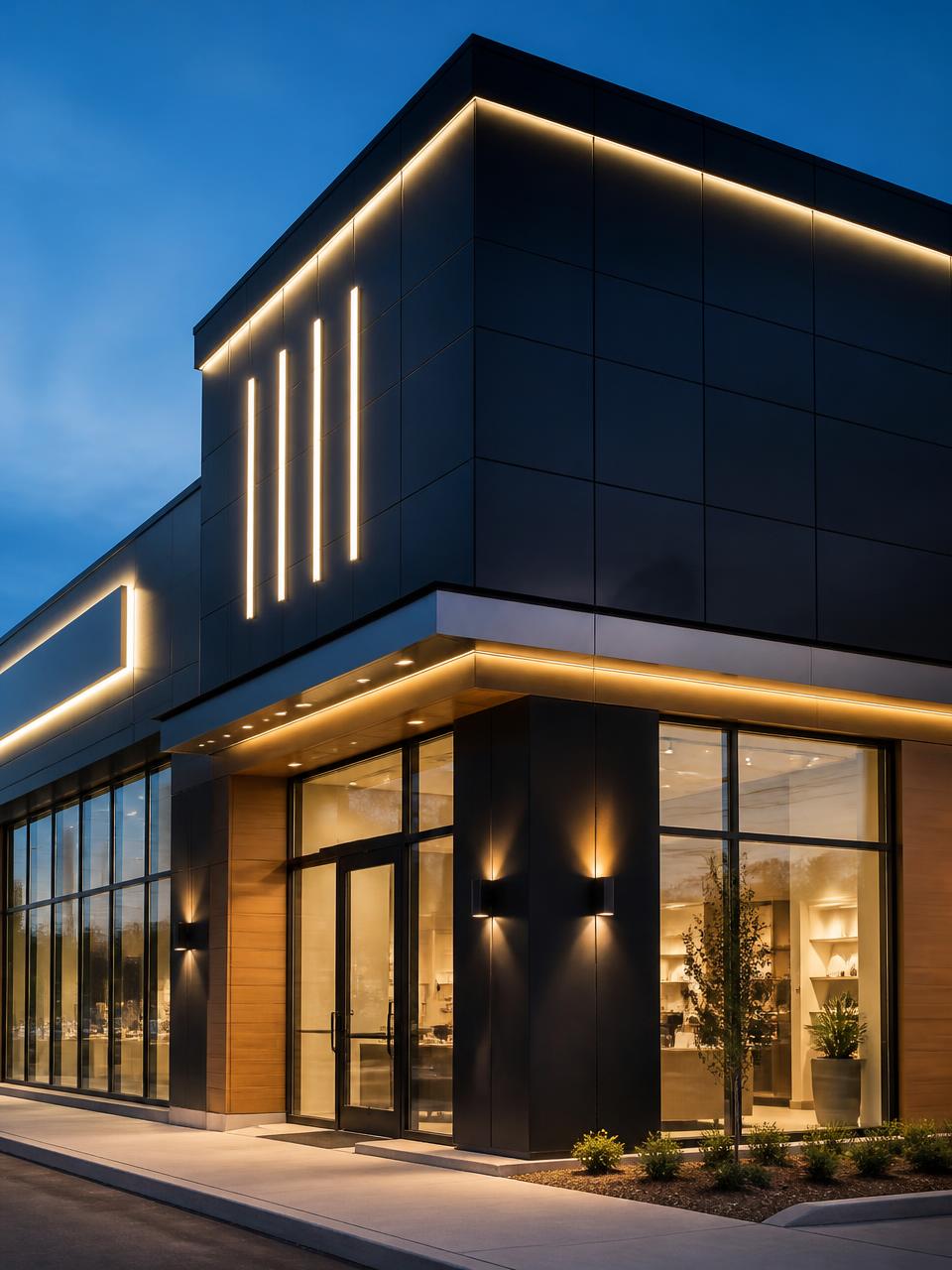 Fachada em ACM com letreiro iluminado executada pela Perfect